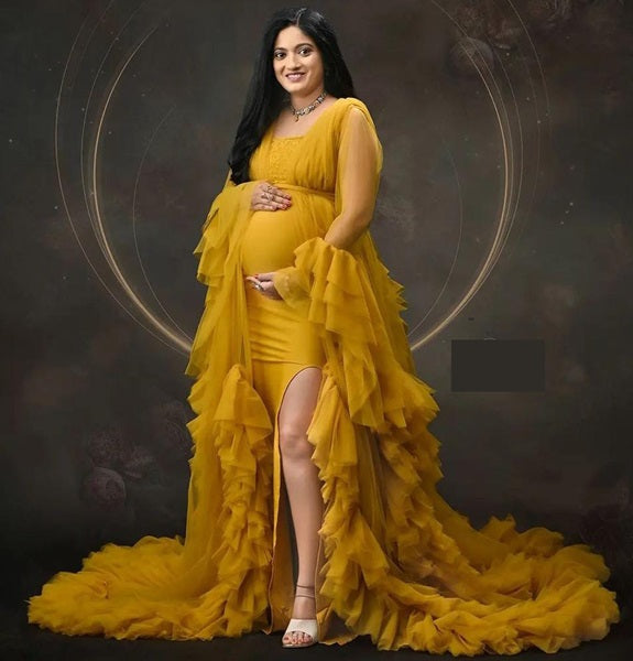 G3001, Mustard Yellow Maternity Slit Cut Frilled Shoot Trail Gown,Size[All]pp