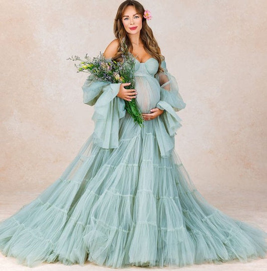 G3006, Sky Blue Frilled Maternity Shoot Gown With Inner, Size (All)pp