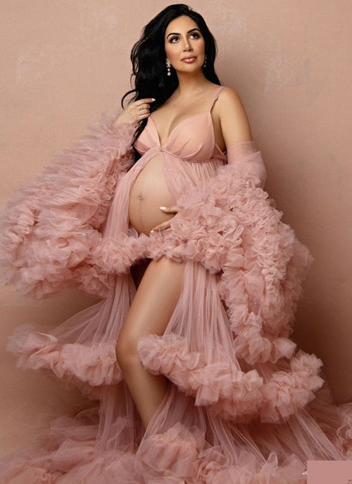 G3018, Light Peach Frills Maternity Shoot  Gown, Size(All) pp