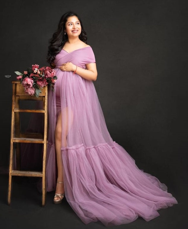 G2119,Dusty Lavender Frilled Maternity Shoot Trail Gown, Size: All, Color: All