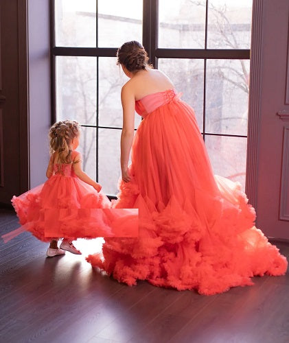 G523, Red Tube Ruffled Mother-Daughter Shoot Trail Gown Size: All, Color: All