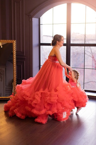 G523, Red Tube Ruffled Mother-Daughter Shoot Trail Gown Size: All, Color: All
