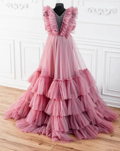 G633, Peach Ruffled Shoot Trail Gown Size: All, Color: All
