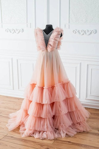 G556, Peach Ruffled Shoot Trail Gown, Size: All, Color: All