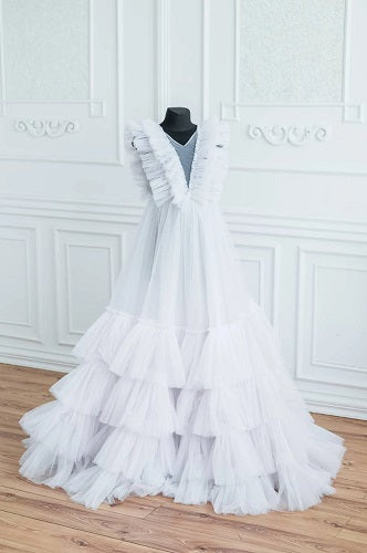 W665, White Ruffled Shoot Trail Gown, Size: All, Color: All