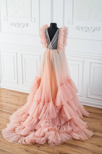 G556, Peach Ruffled Shoot Trail Gown, Size: All, Color: All