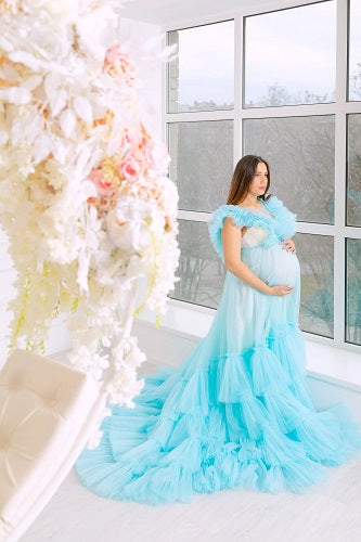 G933, Light Blue Ruffled Maternity Shoot Gown, Size: All, Color: All