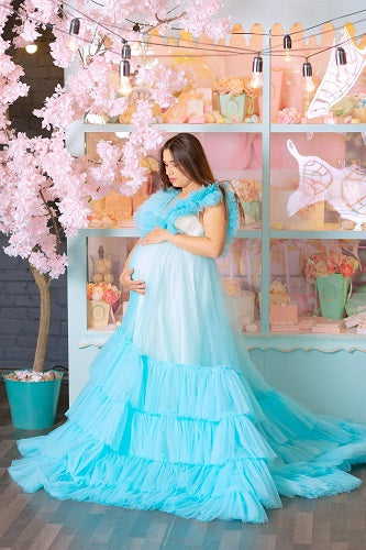 G933, Light Blue Ruffled Maternity Shoot Gown, Size: All, Color: All