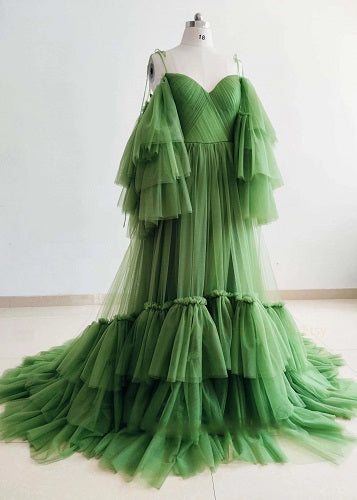 G1244, Olive Green Ruffled Shoot Trail Gown, Size: All, Color: All