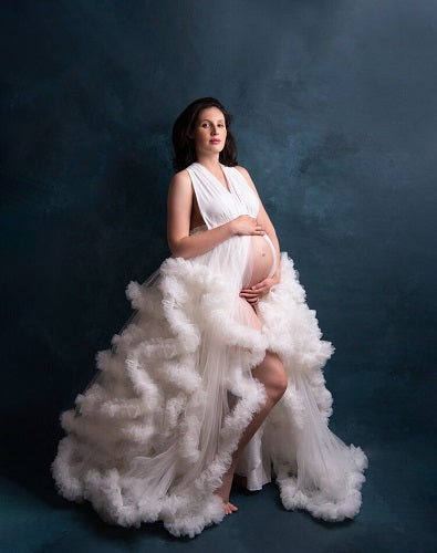 W2014, White Ruffled Slit Cut Maternity Shoot Trail Gown With Inner Size: All, Color: All