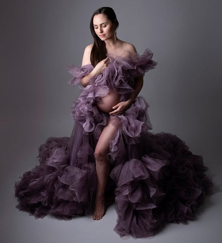 G1420, Luxury Purple Ruffled maternity shoot trail gown With Inner, Size: All, Color: All