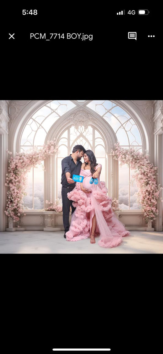 G2055, Pink Peach Luxury Ruffled maternity Shoot Trail Gown , (All Sizes)pp