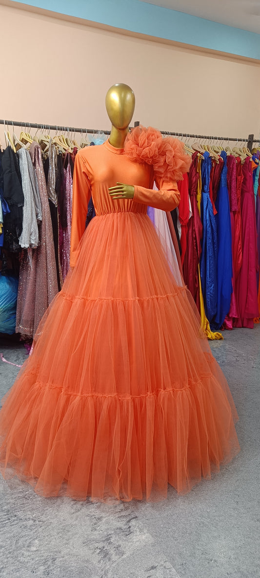 G4024, Orange Frills maternity Trail Gown, (All Sizes)pp