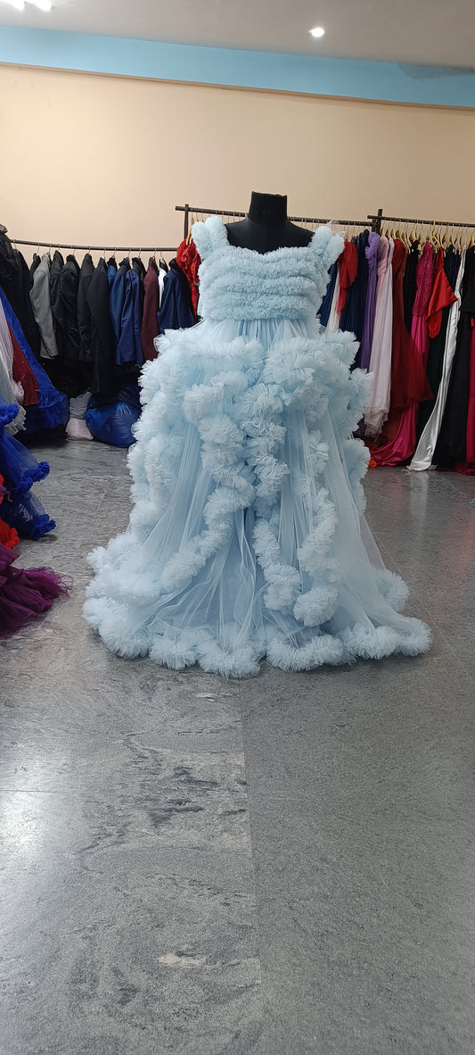 G2056, Sky blue Ruffled maternity Shoot Trail Gown With Inner, (All Sizes)pp