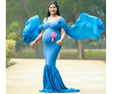 G207, Navy Blue Maternity Shoot Baby Shower Trail Lycra Body Fit Gown, Size: All, Color: All