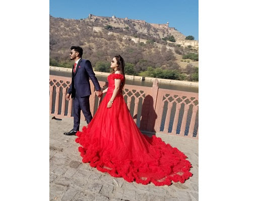 G137, Luxury Red Puffy Cloud Trail Ball Gown, Size: All, Color: All