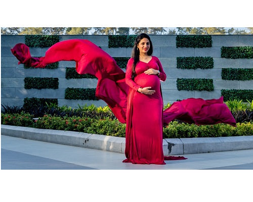 G44 ,Wine Maternity shoot Baby Shower Lycra Body Fit Gown, Size: All, Color: All