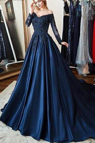 G329, Navy blue Satin Semi Off Shoulder Full Sleeves Prewedding Shoot Trail Ball Gown Size: All, Color: All