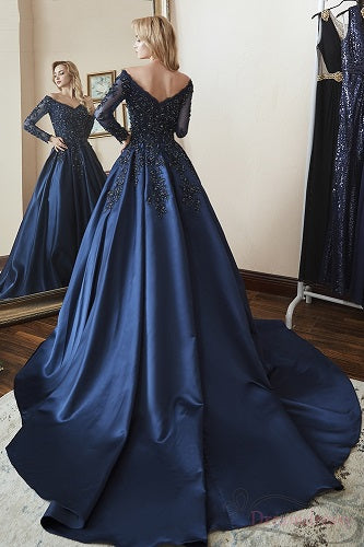 G329, Navy blue Satin Semi Off Shoulder Full Sleeves Prewedding Shoot Trail Ball Gown Size: All, Color: All