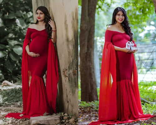 G181 (5) Wine Maternity Shoot Long Sleeves Trail Baby Shower Lycra Fit Gown, Size: All, Color: All