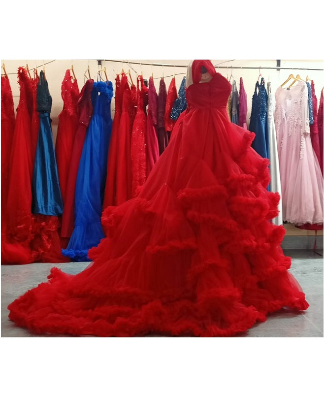 G37, Luxury Red Cloud Puffy Trail Ball Gown, Size: All, Color: All