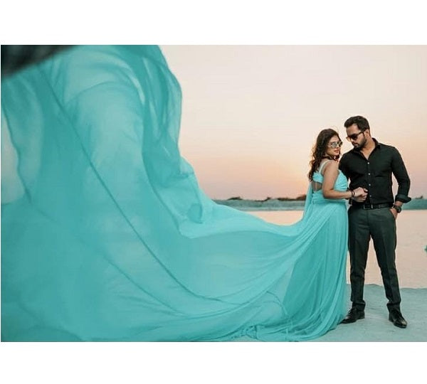 G375, Ocean Green One Shoulder Prewedding Long Trail Gown, Size: All, Color: All