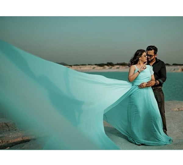 G375, Ocean Green One Shoulder Prewedding Long Trail Gown, Size: All, Color: All
