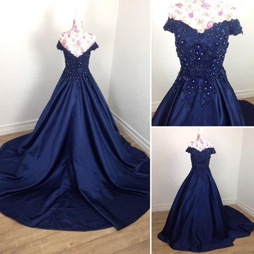 G132, Navy Blue Satin Off Shoulder Trail Ball gown Size: All, Color: All