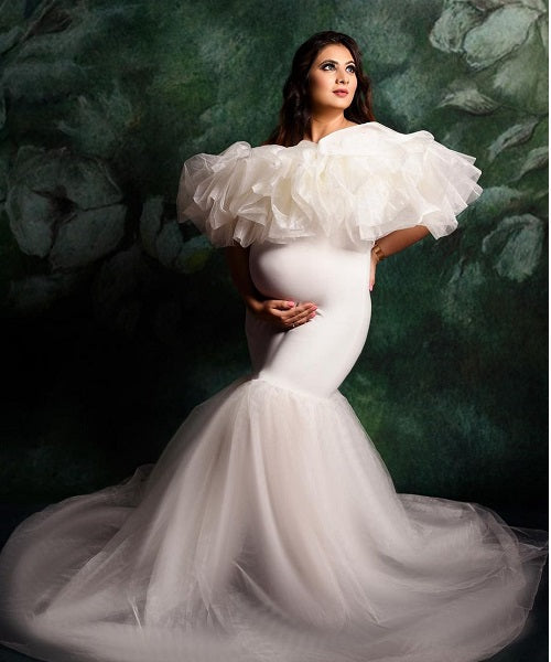 W808, White  Maternity Shoot Baby Shower Trail Gown, Size: All, Color: All