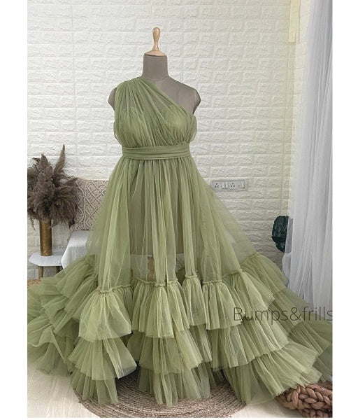 G845, Green Ruffled Maternity Shoot  Gown, Size: All, Color: All