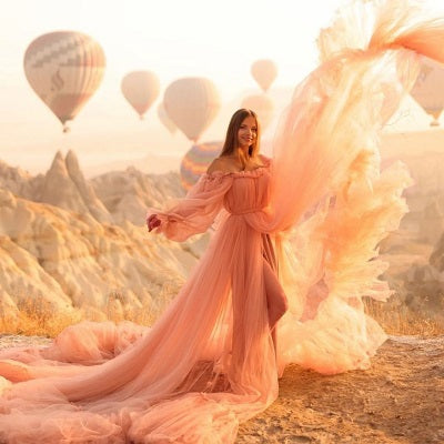 G1140, Peach Frilled long Trail Shoot Gown Size: All, Color: All