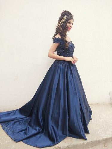 G132, Navy Blue Satin Off Shoulder Trail Ball gown Size: All, Color: All