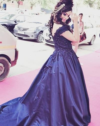 G132, Navy Blue Satin Off Shoulder Trail Ball gown Size: All, Color: All