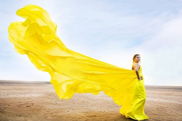 G578, Lemon yellow prewedding Shoot Long Trail Gown, Size: All, Color: All