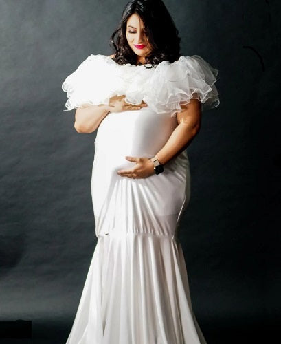 W2007, White  Maternity Shoot Baby Shower Trail Gown, Size: All, Color: All