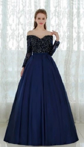 G327, Navy Blue Satin Off Shoulder Trail Ball gown, Size: All, Color: All