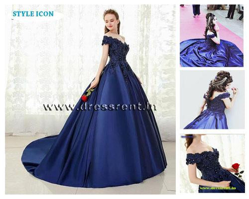 G132, Navy Blue Satin Off Shoulder Trail Ball gown Size: All, Color: All
