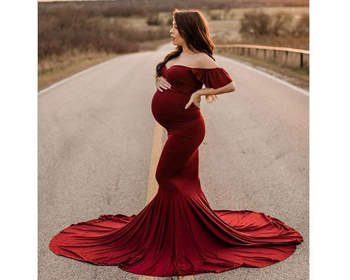 G247,Red Wine Maternity Shoot Baby Shower Trail Lycra Body Fit Gown, Size: All, Color: All