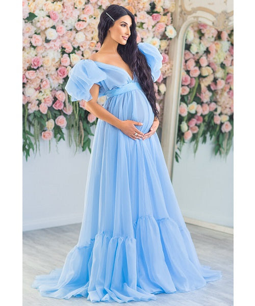 G952, Blue Ruffled Maternity Shoot  Gown, Size: All, Color: All