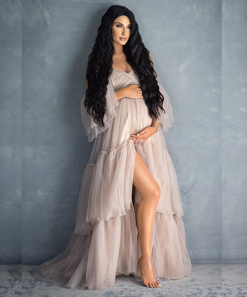 G752, Light Brown Ruffled Slit Cut Maternity Shoot  Gown, Size: All, Color: All