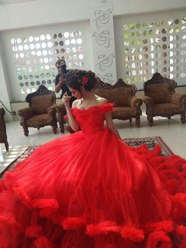 G137, Luxury Red Puffy Cloud Trail Ball Gown,  Size: All, Color: All