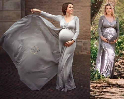 G155,Grey Maternity shoot Baby Shower Lycra Body Fit Gown, Size: All, Color: All