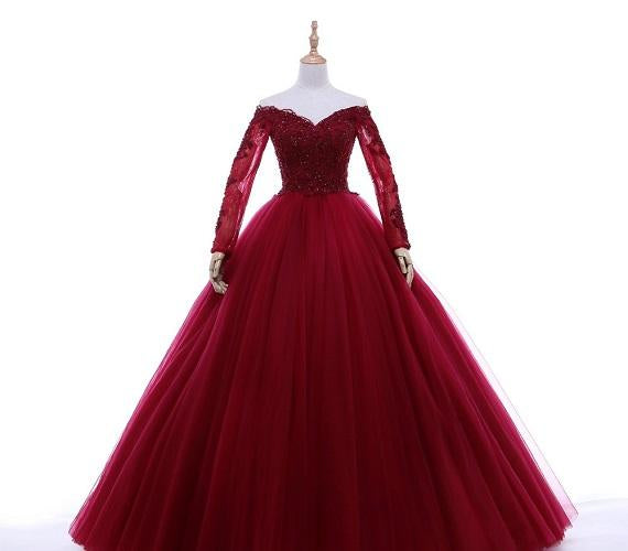 G135, Wine Prewedding Shoot Semi off Shoulder Ball Gown, Size: All, Color: All
