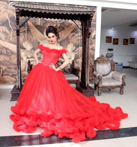 G137, Luxury Red Puffy Cloud Trail Ball Gown, Size: All, Color: All