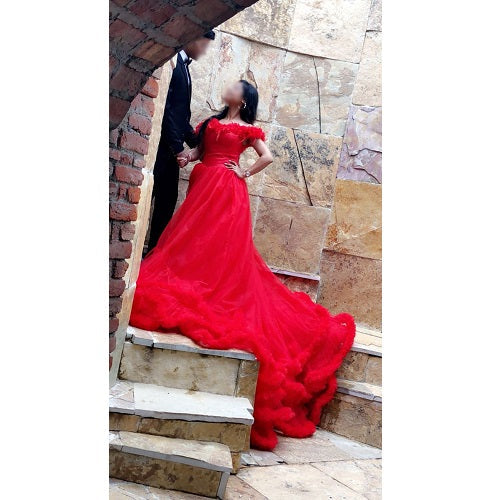 G137, Luxury Red Puffy Cloud Trail Ball Gown, Size: All, Color: All