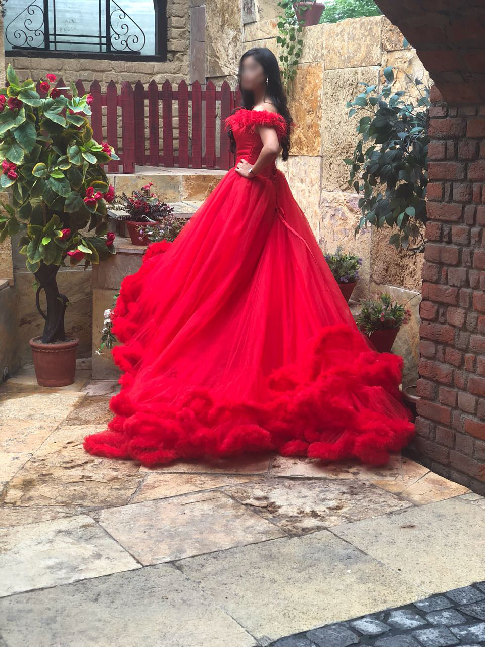 G137, Luxury Red Puffy Cloud Trail Ball Gown, Size: All, Color: All