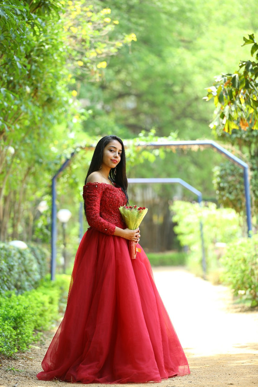 G135, Wine Prewedding Shoot Semi off Shoulder Ball Gown, Size: All, Color: All