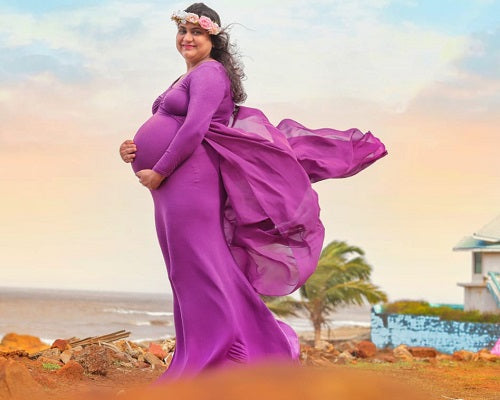 G41,Purple Maternity shoot Baby Shower Lycra Body Fit Gown, Size: All, Color: All