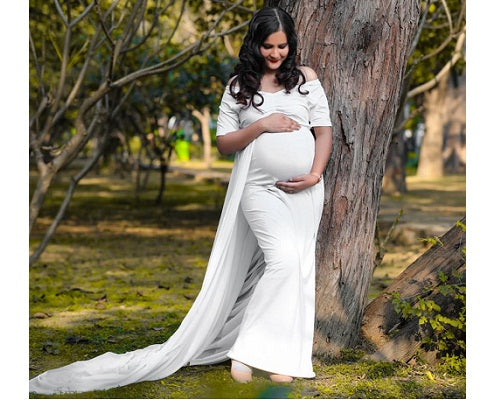 G152, White Maternity Shoot Trail Baby Shower Lycra Body Fit Gown, Size: All, Color: All