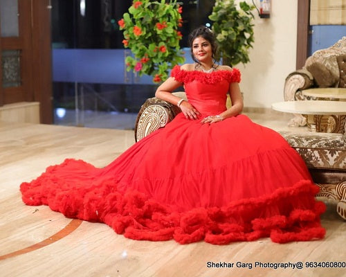 G137, Luxury Red Puffy Cloud Trail Ball Gown, Size: All, Color: All